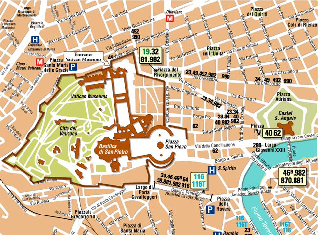 Карта с номерами автобусов, идущих до Ватикана